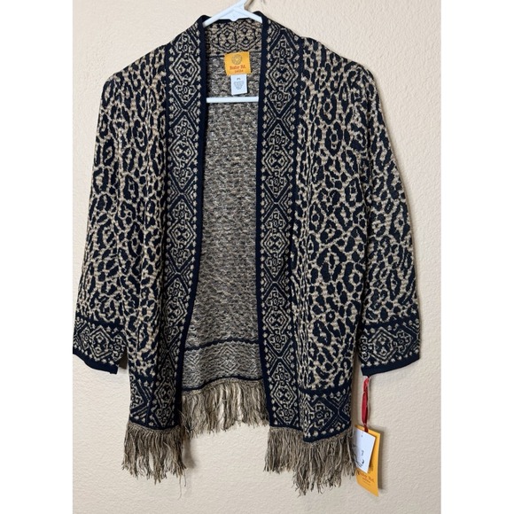 Ruby Rd. Sweaters - NWT'S Ruby Rd Black Gold Metallic Leopard Fringe Lighweight Open Front PS Small